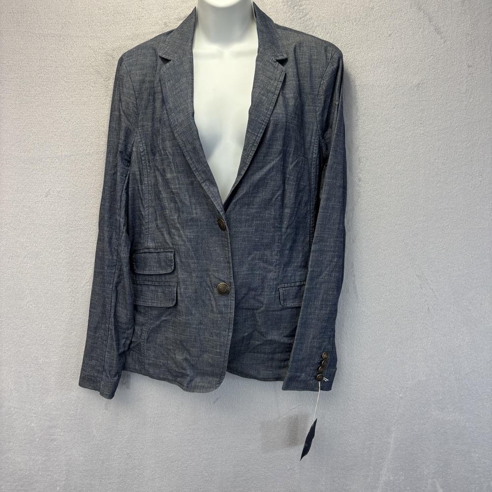 NWT Lands' End Chambray Blazer Jacket‎ Womens 16 Blue Nautical Coastal Preppy